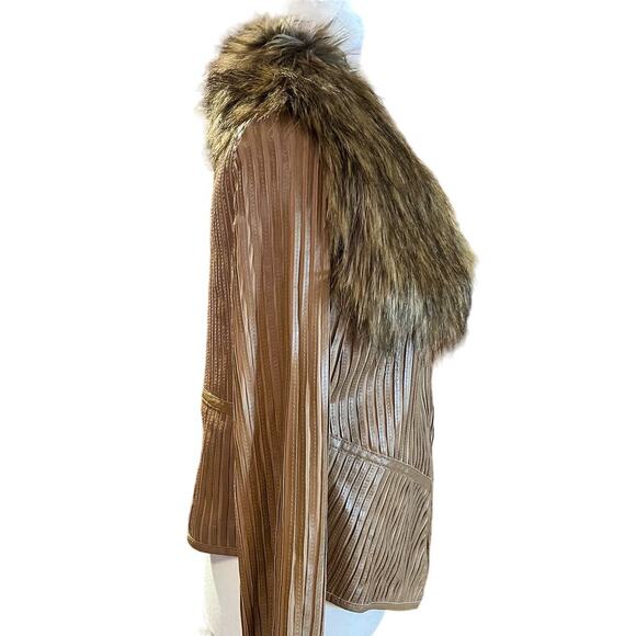 IMAN Leather and Faux Fur Collar Jacket Stripe Brown Women's Small (F-142) - Picture 6 of 8